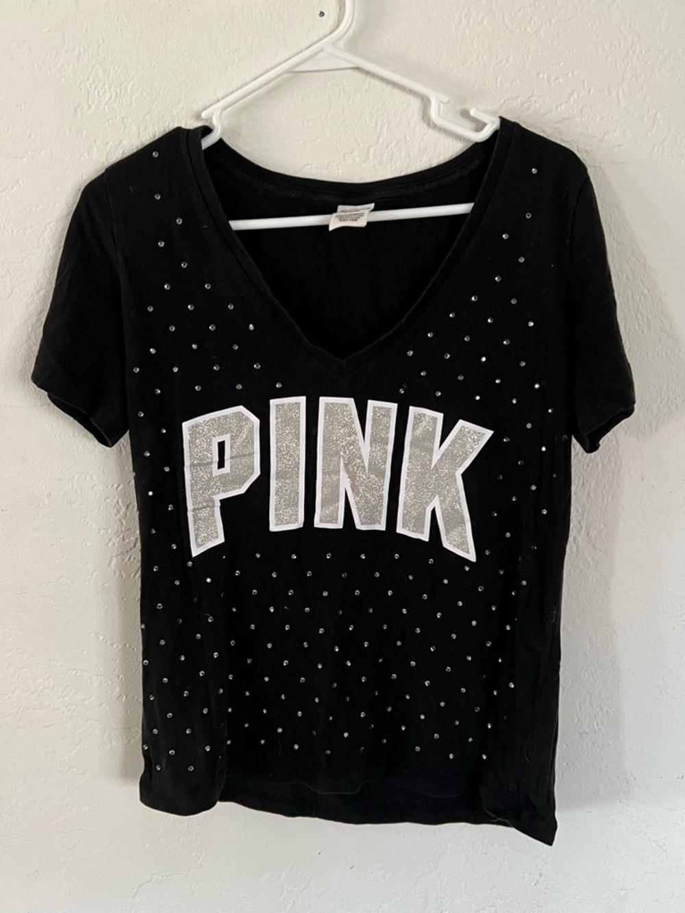 PINK Victoria's Secret Black V-Neck Logo Tee with Silver Studs